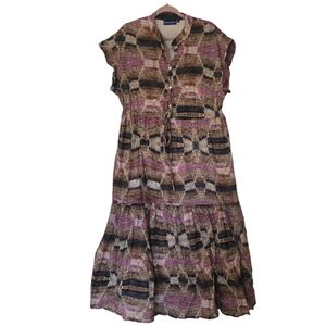 Ros Garden Mumi Midi Dress XL Abstract Woven Plaid Print Summer Resort